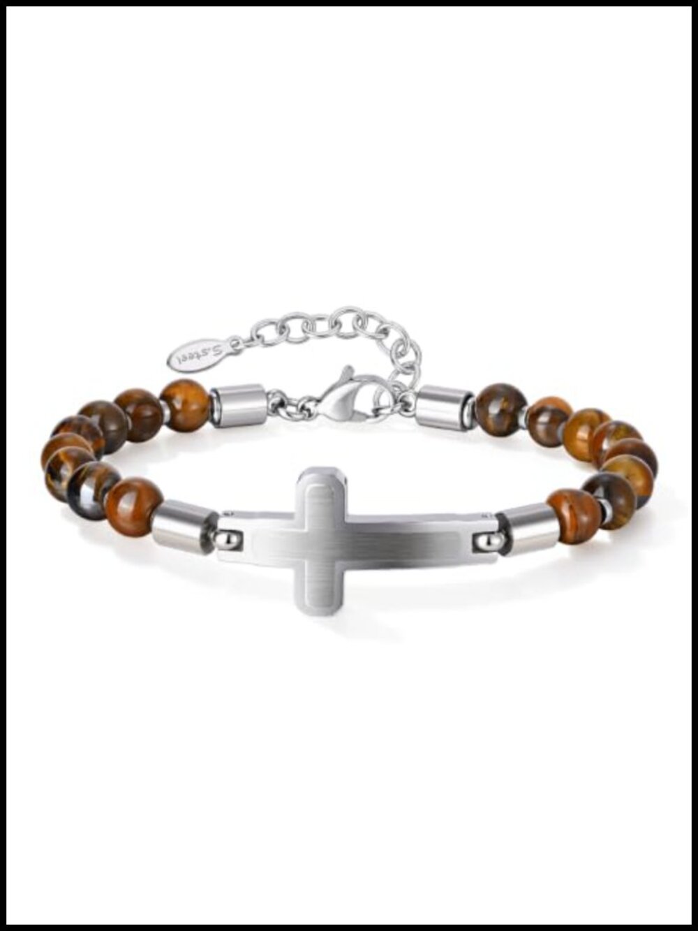 Men's Stainless Steel Cross Beaded Bracelet Adjustable Tiger Eye Stone